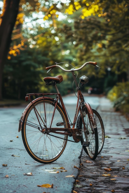 a bike is parked on a sidewalk in the woods