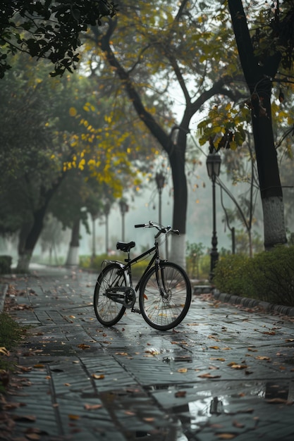 自転車が雨の中の湿った道に駐車している