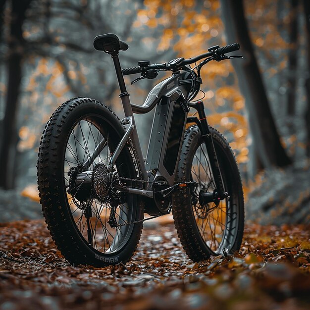 Photo a bike is parked in the woods with the words  the word  on the side