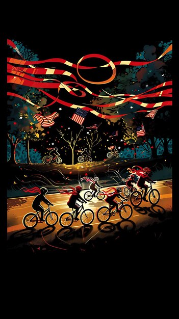 친구 그룹이 파르 포스터 배너 포스트카드 콜라지 디자인을 타고 자전거 타는 장면