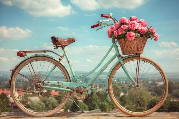 自転車のバスケットに花を入れて田舎を自転車で走るプロの写真家