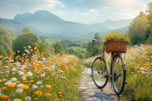 bike ride through the countryside with a flowers in the bike basket professional photography