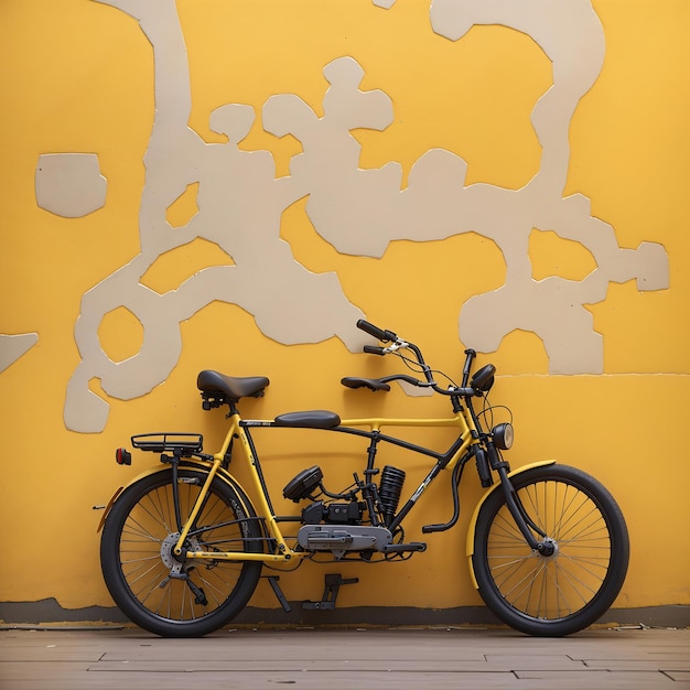 黄色い壁の上に座っている自転車