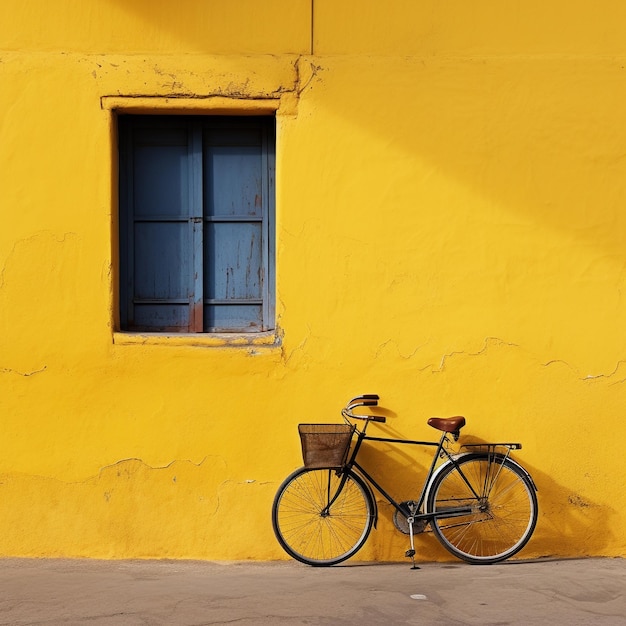 Bike sitting on yellow wall