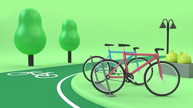 Bike station with bike lane green parks 3d rendering cartoon transportation nature environment concept