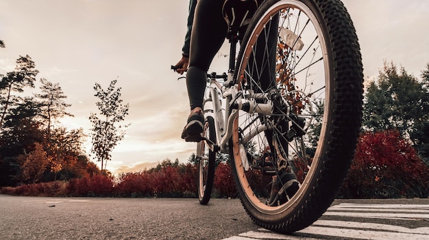 都市公園のタイル張りの道路で夏の夕日に自転車 ぼやけた夏の背景にサイクルのクローズ アップ ホイール 夏の夕日で働くために通りをサイクリング 自転車とエコロジー ライフ スタイル コンセプト