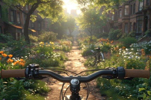 a bike view of spring road in the sunlight professional photography