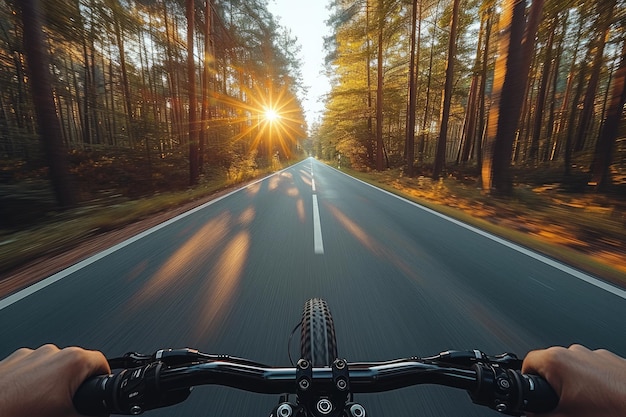 太陽の光で春の道路の自転車の景色 プロの写真