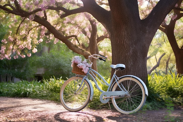 A bike with a basket of flowers sits in front of a tree with a pink cherry blossom