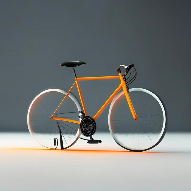 밝은 오렌지색 프레임을 가진 자전거는 앞면에 "자전거"라는 단어가 표시되어 있습니다.