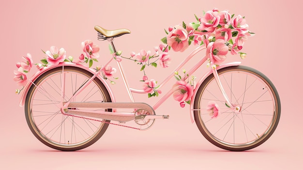 Foto bicicletta con fiori su sfondo rosa