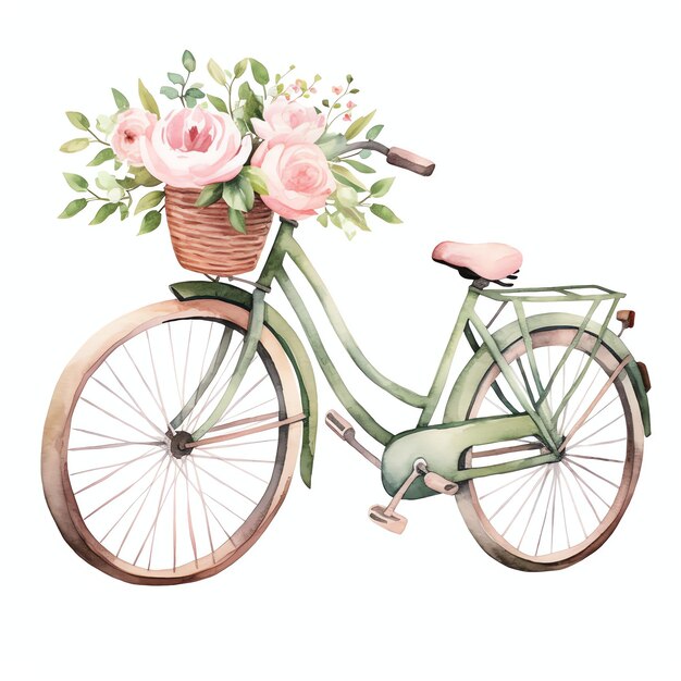 велосипед с цветами, простой жизненный аксессуар для весеннего или летнего дня в нейтрально-зеленых ботанических листьях
