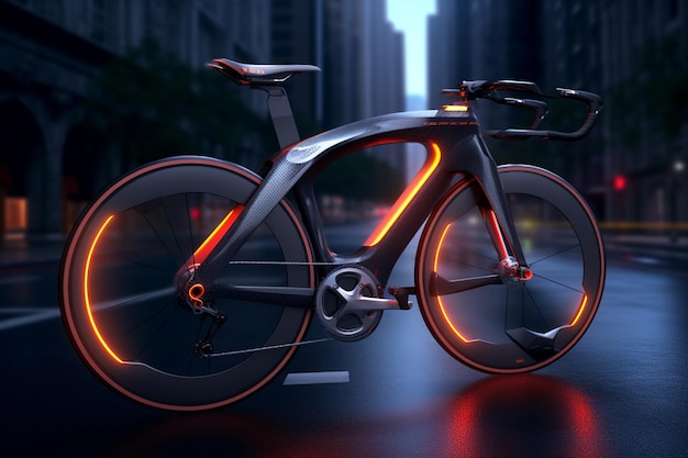 Photo a bike with a glowing orange led strip on the front.