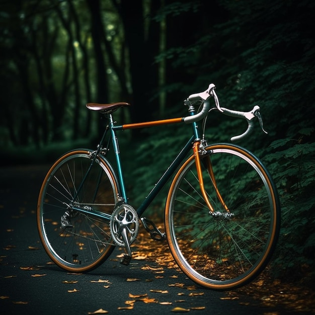 a bike with a green frame is parked in a dark forest.