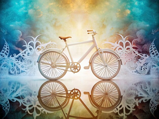 a bike with a white frame and a blue background with a picture of a bicycle on it