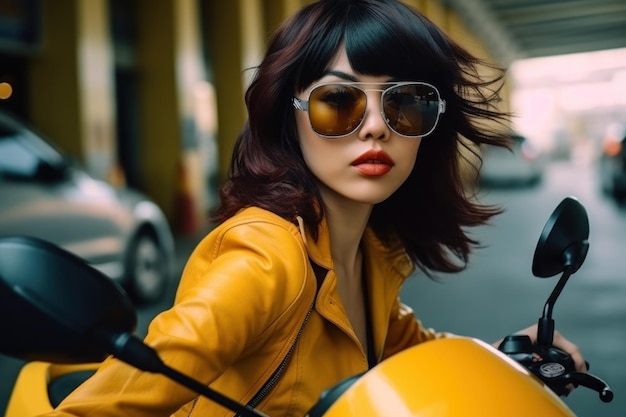 Photo biker asian girl in yellow leather jacket on a motorcycle generative ai