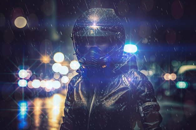 Biker in black helmet in the rainy night Generative AI