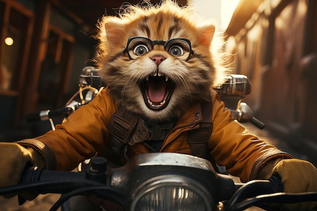 Photo a biker cat a cat on a motorcycle at a frantic speed with an expression of delight rushing along a city street at night ai generation