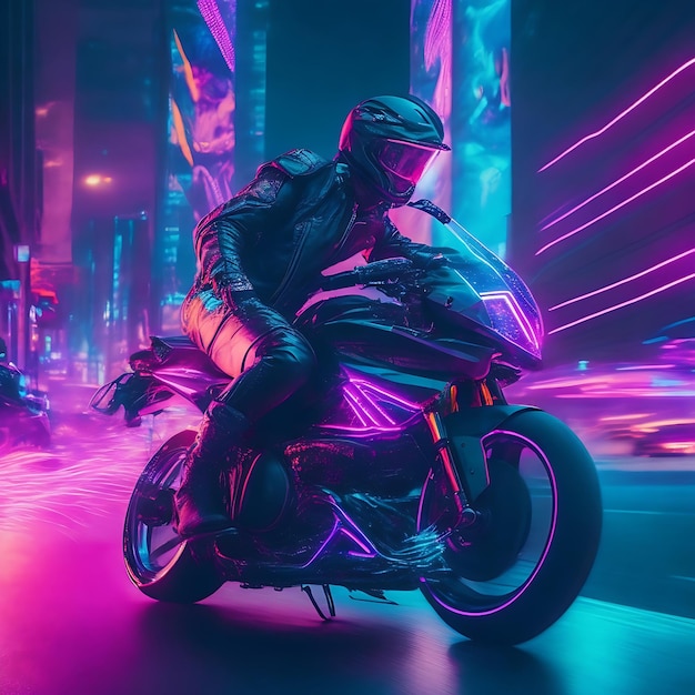 A biker in cityscapes with neon lights at night to create a striking and futuristic generated by ai