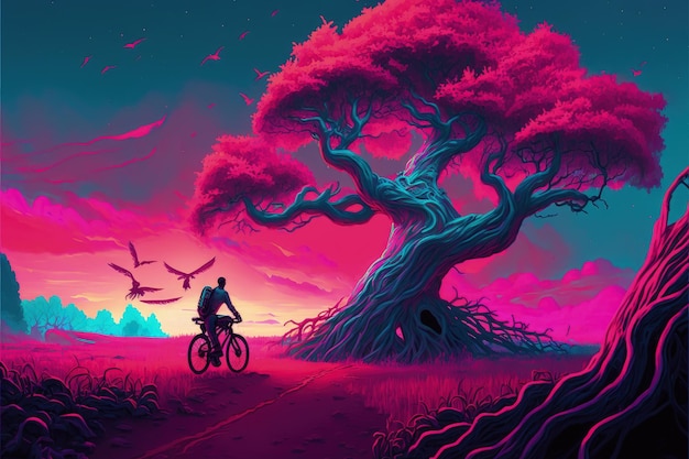 Байкер на велосипеде по лугу с творческим деревом и разноцветным небосводом Фантастическая концепция Иллюстрация живопись Генеративный ИИ