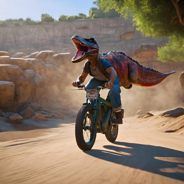 Foto dinosauro motociclista nei tempi antichi