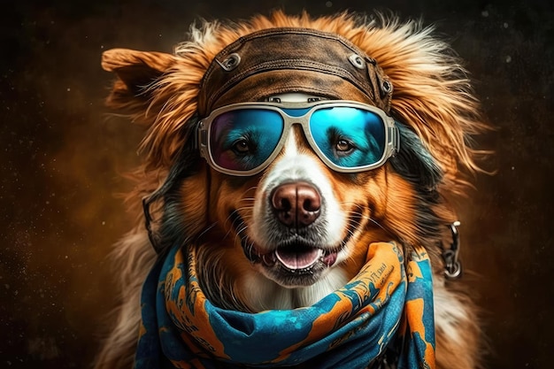 Собака-байкер в бандане и очках с высунутым языком