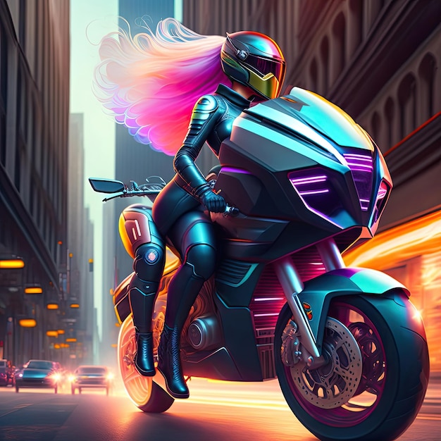 写真 街の通りで未来的なバイクに乗った sf バイク男に乗ってヘルメットをかぶったバイカーの女の子