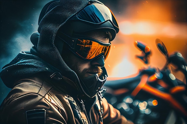 Biker in helmet and glasses on a motorcycle in the smokegenerative ai