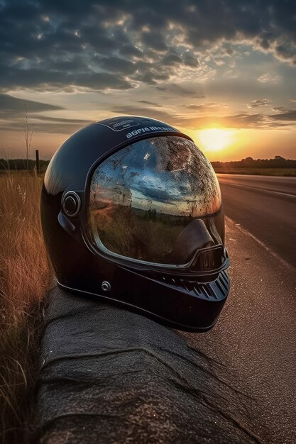 Biker helmet on the road at sunset