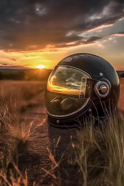 Biker helmet on the road at sunset