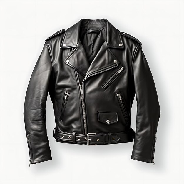 Foto biker jacket leather fitted form design style voor mannen en wo fashions kleding op een schone achtergrond