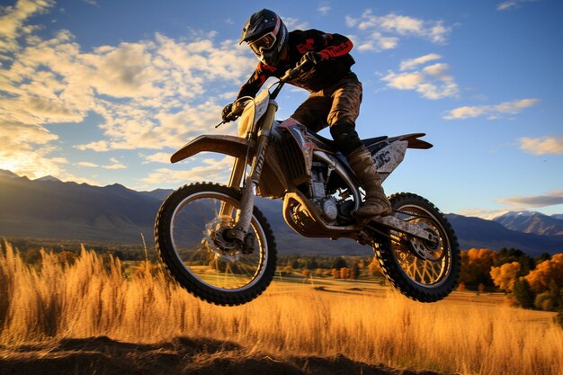 Biker jumping and flying over a hill