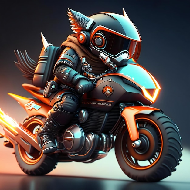 Foto mascotte del motociclista su una motocicletta futuristica ia generativa