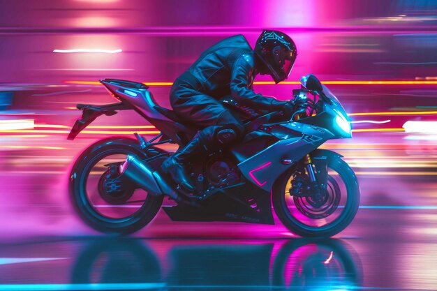 The biker on a motorcycle is racing down the highway at high speed Neon light Digital art