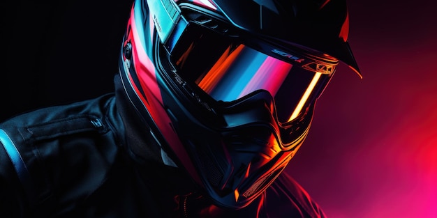 Biker in a neon bright helmet on a dark background Banner copy space