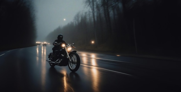 biker rides a custom chopper motorcycle at night along a road in the fog