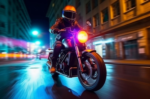 Biker rides in night city Generate Ai