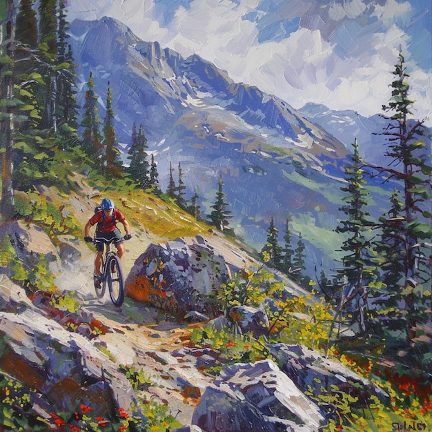 a biker riding along a rugged mountain trail