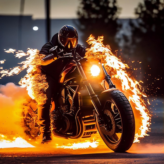 Biker riding classic motorbike on fire epic chopper or\
scrambler motorcycle