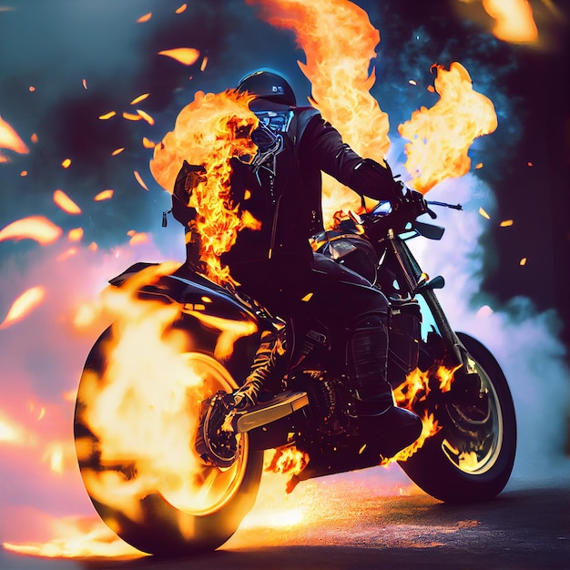 Photo biker riding classic motorbike on fire epic chopper or scrambler motorcycle