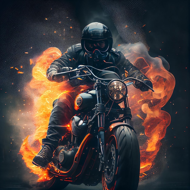 Фото Байкер катается на классическом мотоцикле на огненном эпическом вертолете или скремблере