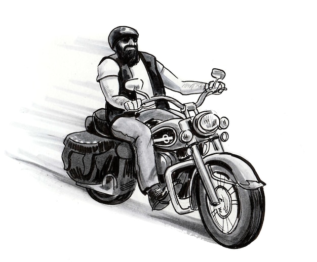 Biker riding a classic motorcycle. Ink black and white drawing