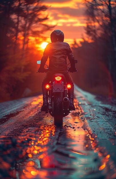 Biker riding motorcycle on empty road at sunset