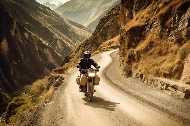 Biker rijdt op zijn motorfiets in een mooi bergachtig landschap