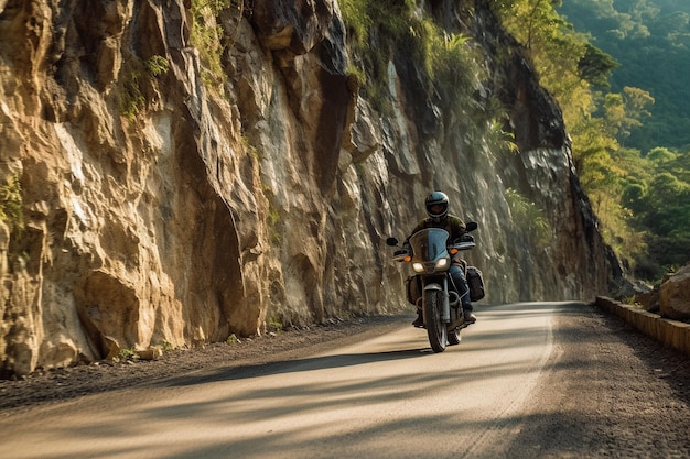 Biker rijdt op zijn motorfiets in een mooi bergachtig landschap