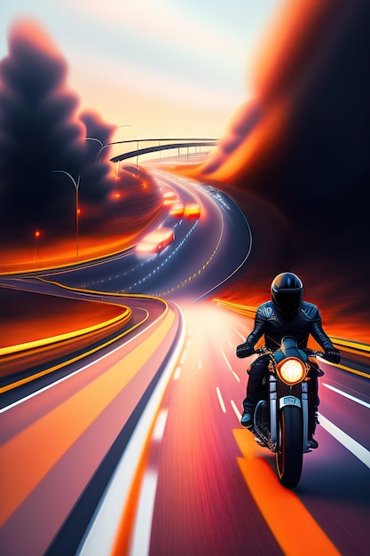 오토바이 운전자가 도시의 고속도로를 달려갔습니다. 디지털 아트