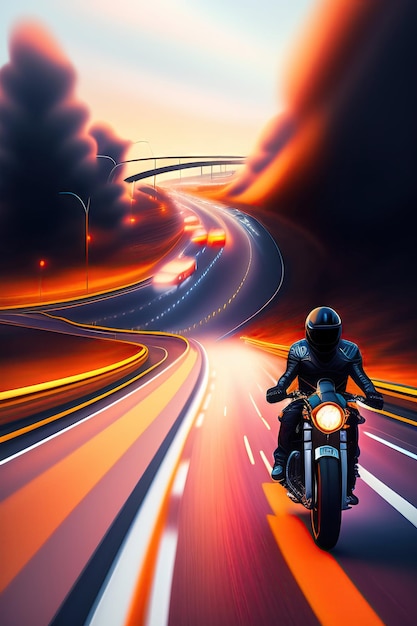 Biker rushes highway of the city Digital art