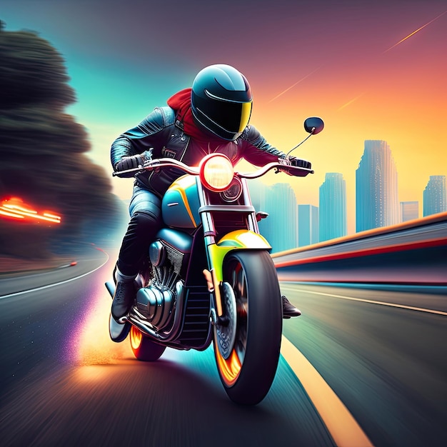 Biker rushes highway of the city Digital art