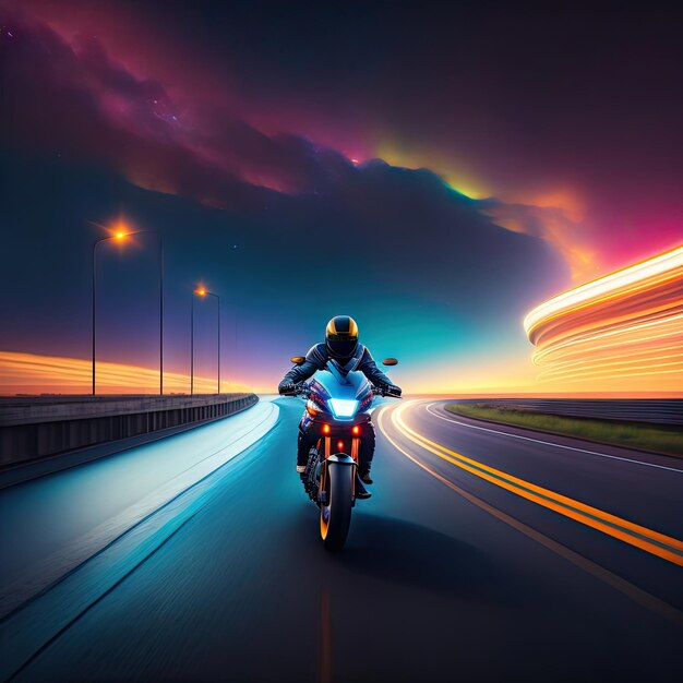 Photo biker rushes highway night city on background digital artwork