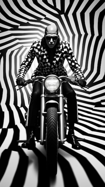 Biker with abstract black and white background. British style, cafe racer. AI generative.
